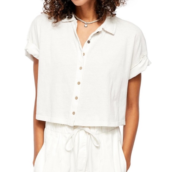 Free People Tops - NWT Free People Cropped Short Sleeve Polo White